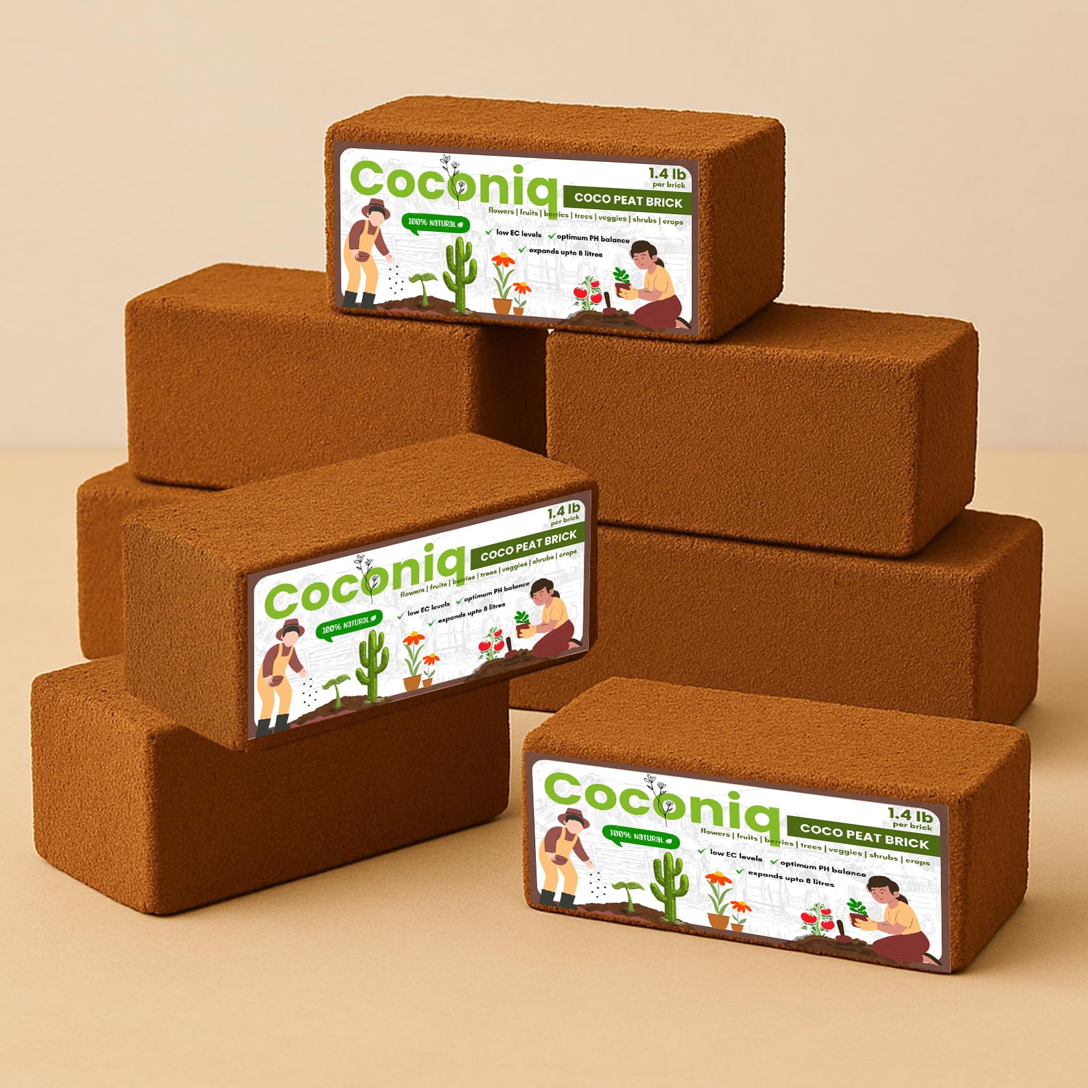 COCONIQ front packaging showing eight compressed coco coir bricks and product benefits