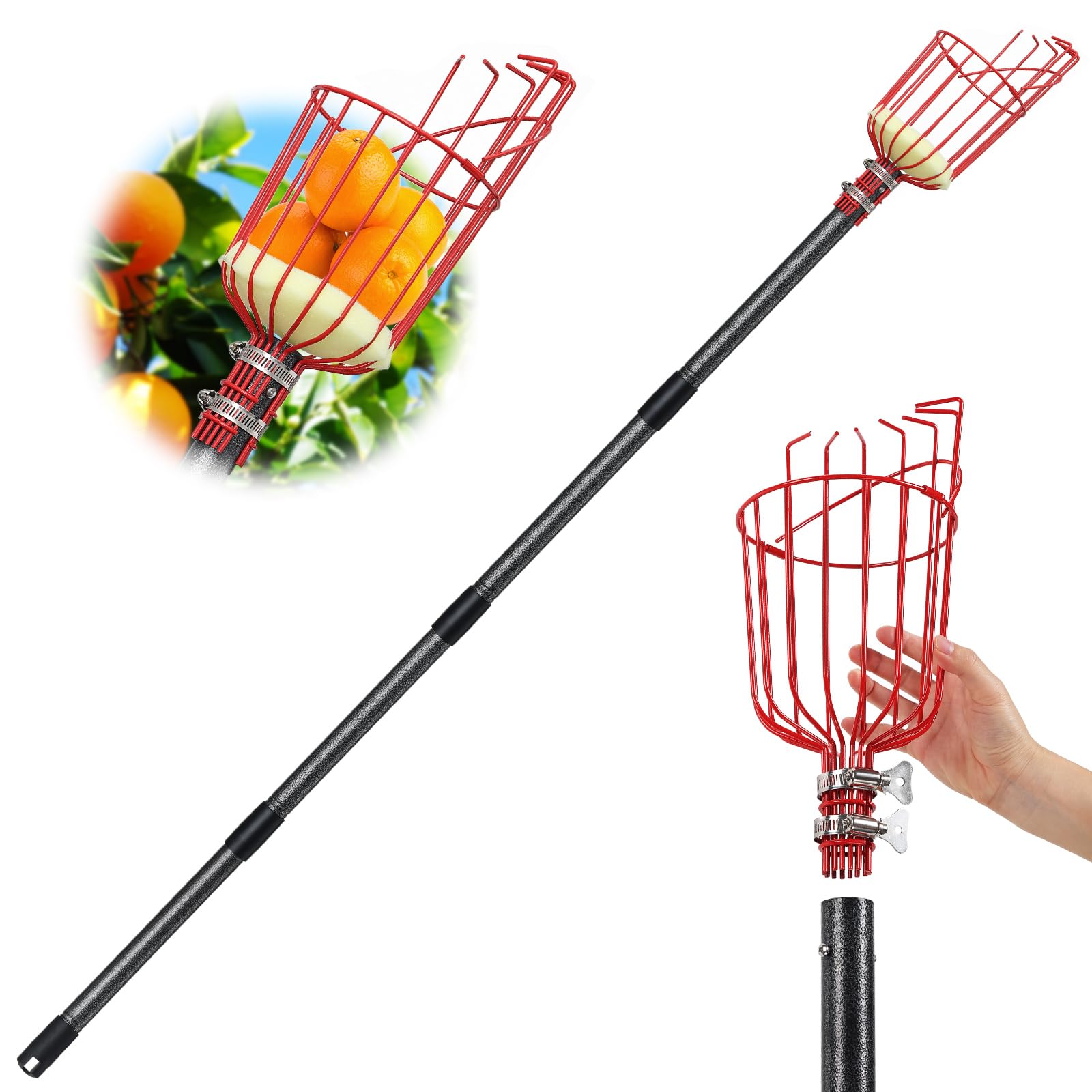 COCONUT front view of assembled picker showing full pole and basket, safe reach benefit