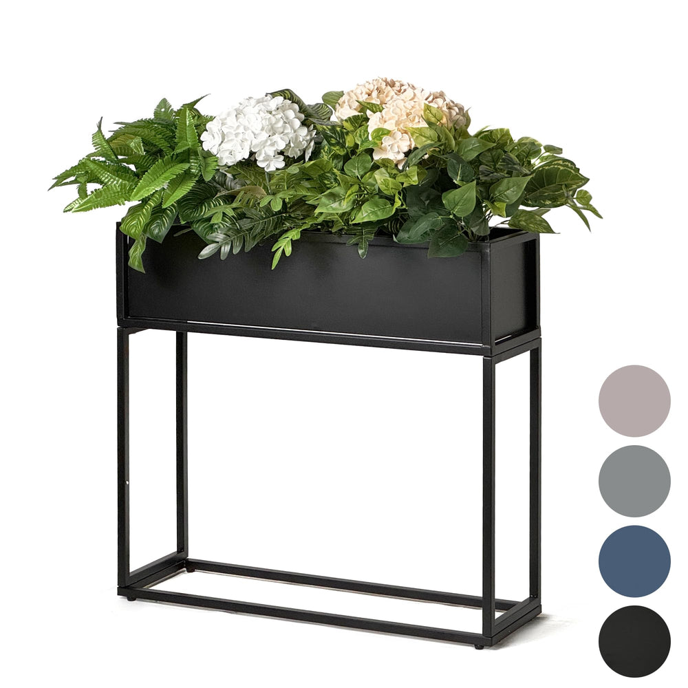 Cocoyard front view of elevated planter showing sleek black finish and sturdy build, durable.