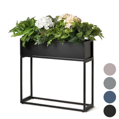 Cocoyard front view of elevated planter showing sleek black finish and sturdy build, durable.