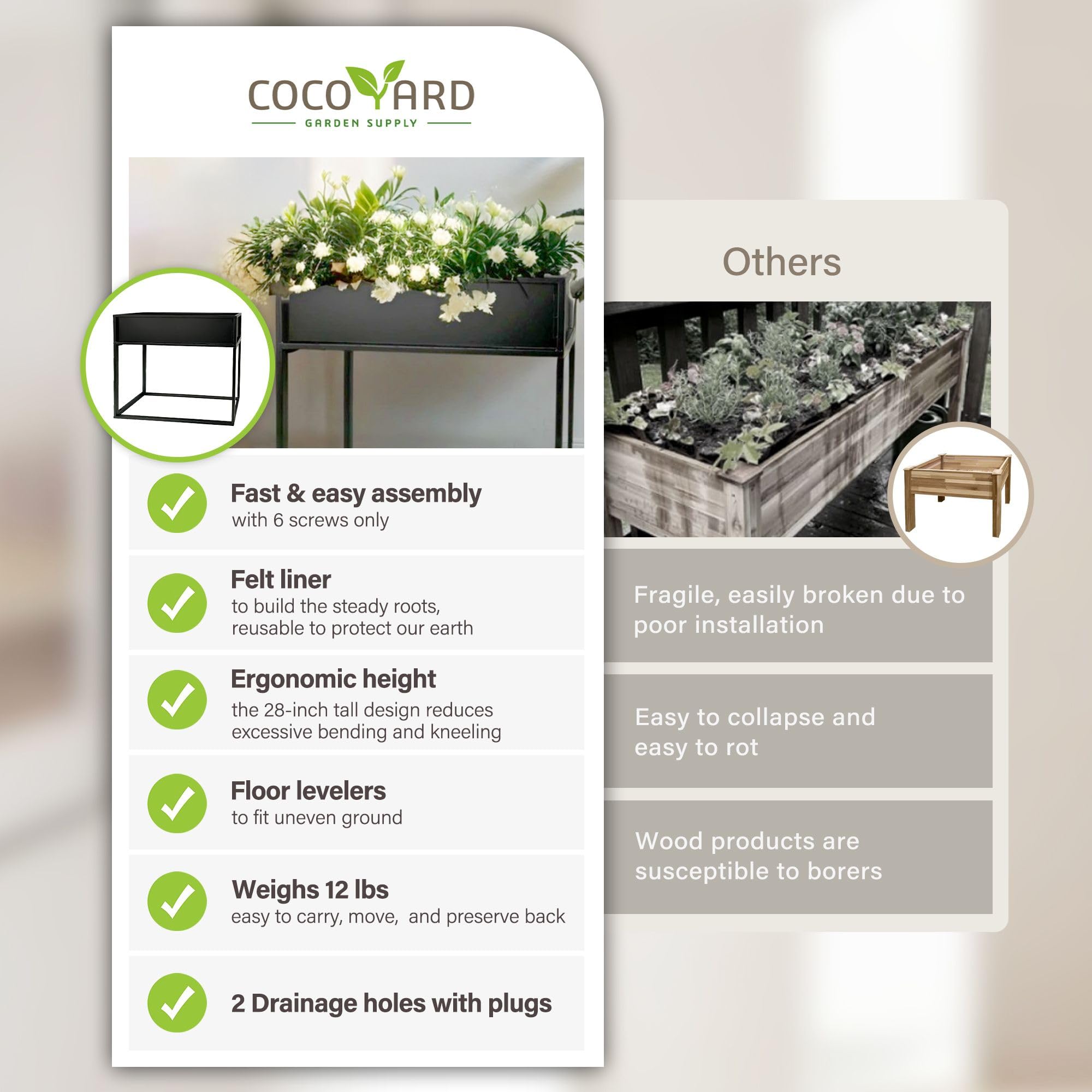 Cocoyard side view highlighting legs and 28-inch height for ergonomic gardening and comfort.