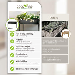 Cocoyard side view highlighting legs and 28-inch height for ergonomic gardening and comfort.