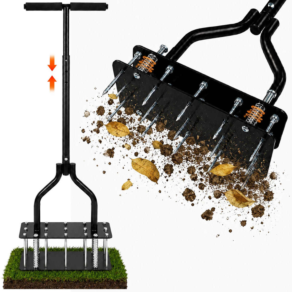 COCTN lawn aerator front view showing sturdy steel frame and wheels for durability