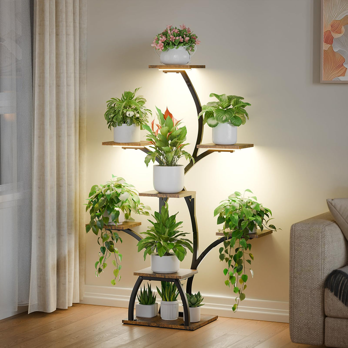 CODACE front view of tree-shaped plant shelf showing six-tier display and space savings