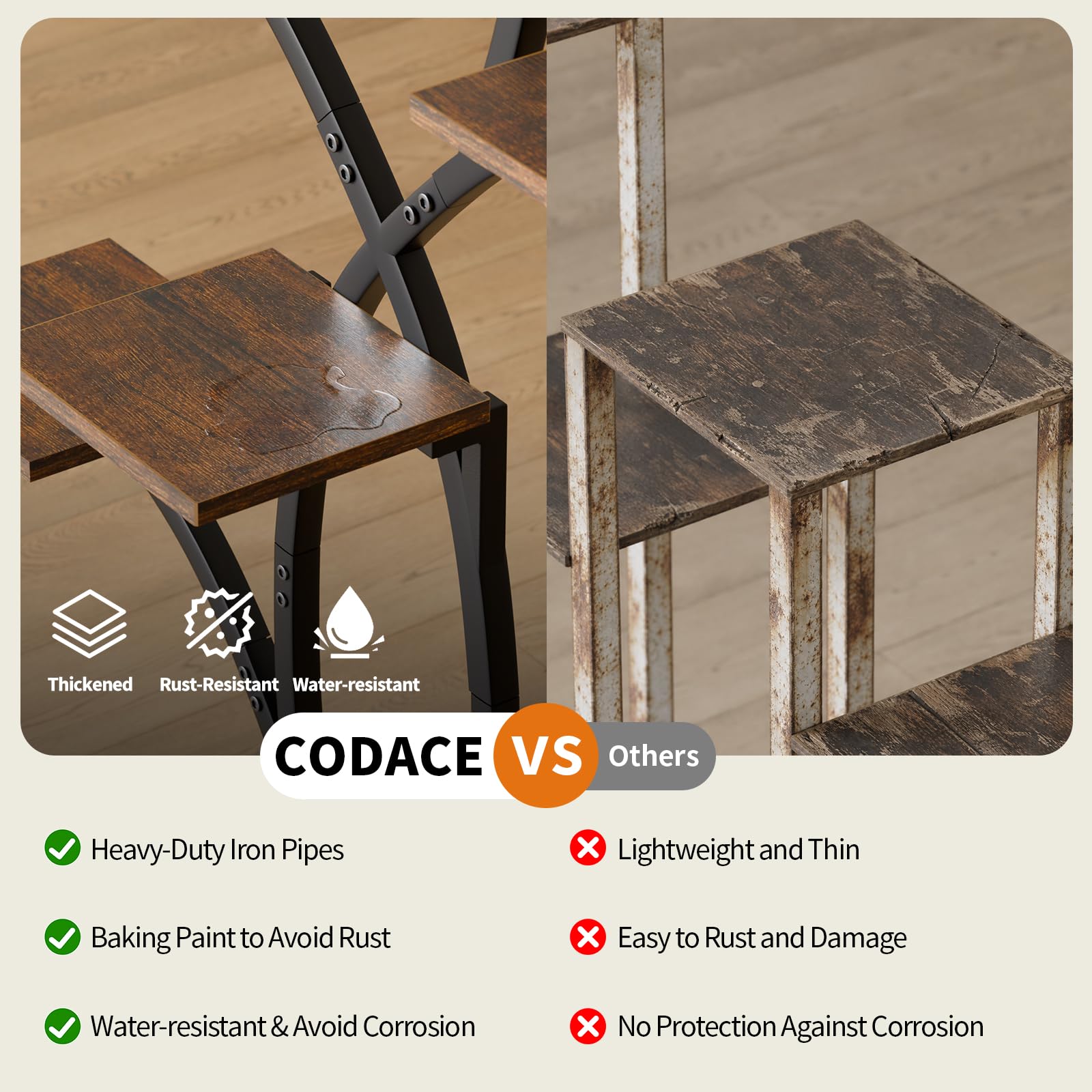 CODACE metal frame detail with baked-enamel coating for rust resistance and durability