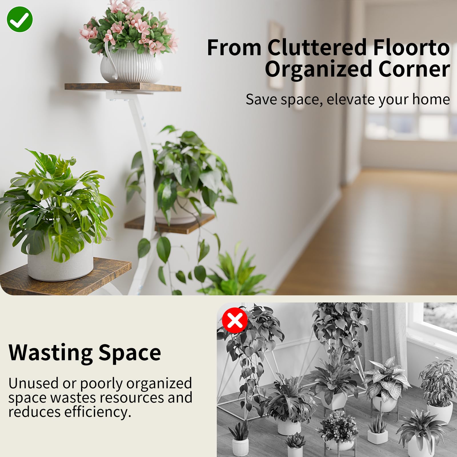 CODACE tiered shelves with mixed plants showing space-saving display benefit