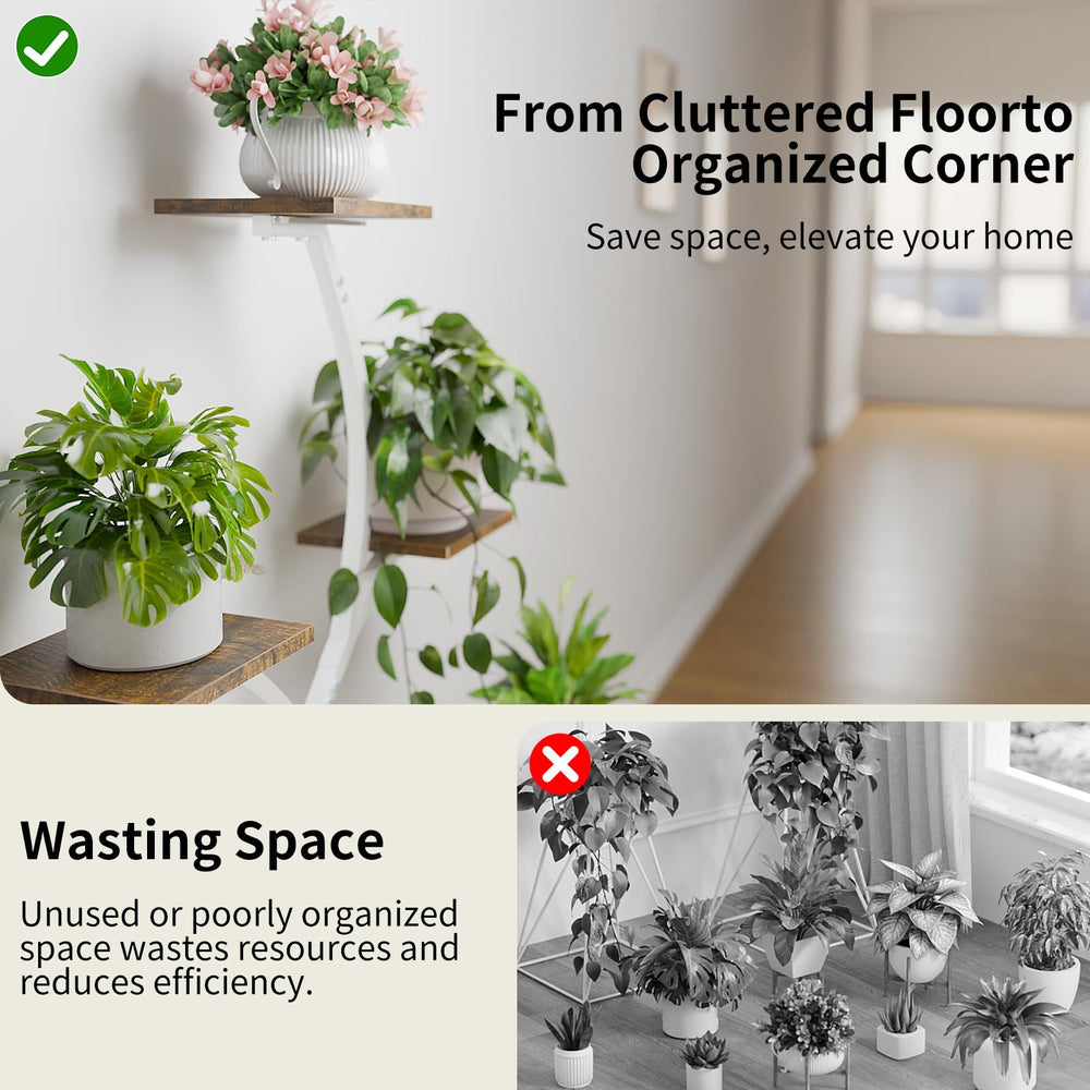 CODACE tiered shelves with mixed plants showing space-saving display benefit