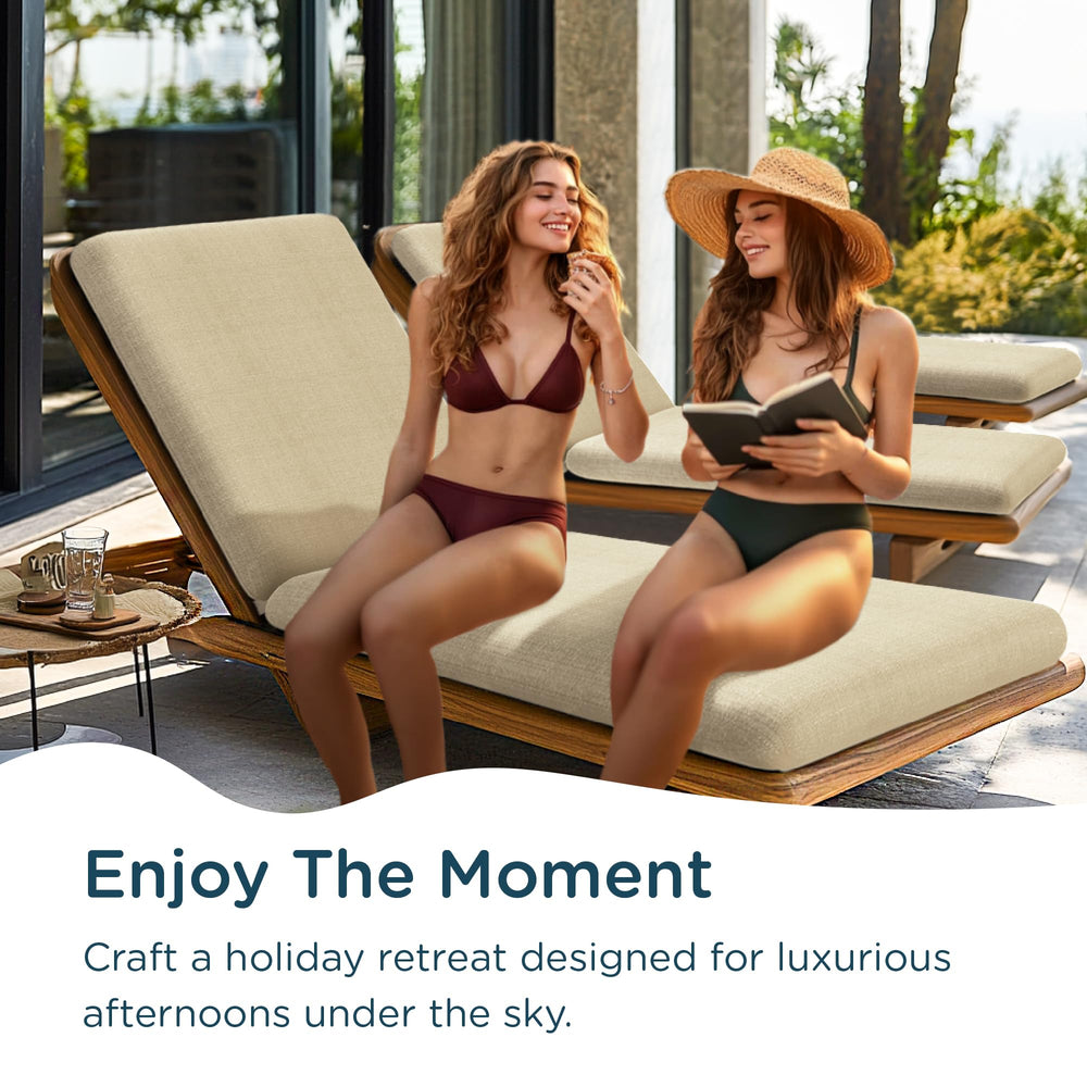 Codi on a patio lounge demonstrating comfortable outdoor relaxation