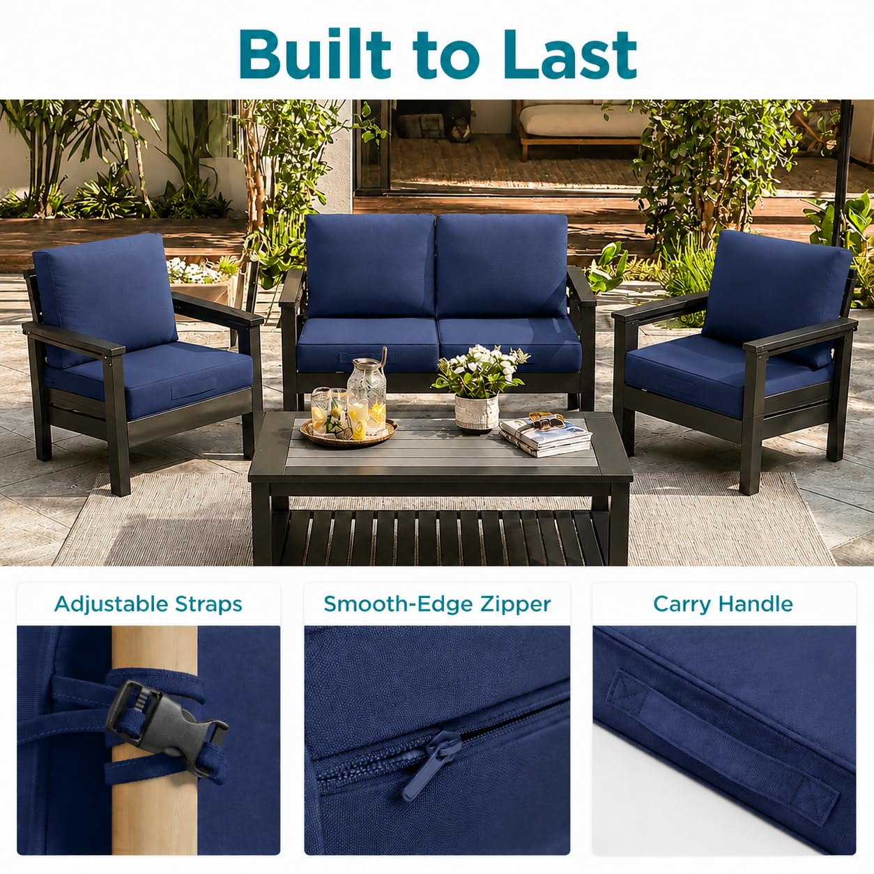 Codi lifestyle porch setting showing navy cushion enhancing outdoor seating comfort