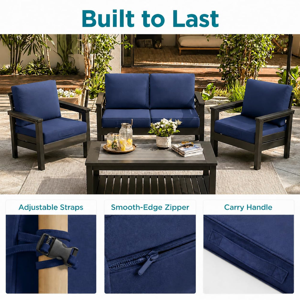 Codi lifestyle porch setting showing navy cushion enhancing outdoor seating comfort