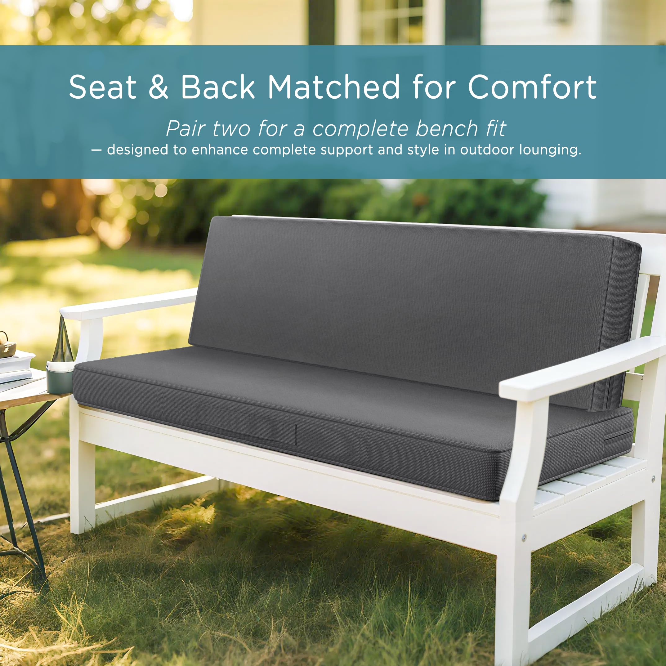 Codi cushion styled on a porch bench in a lifestyle scene adding outdoor comfort