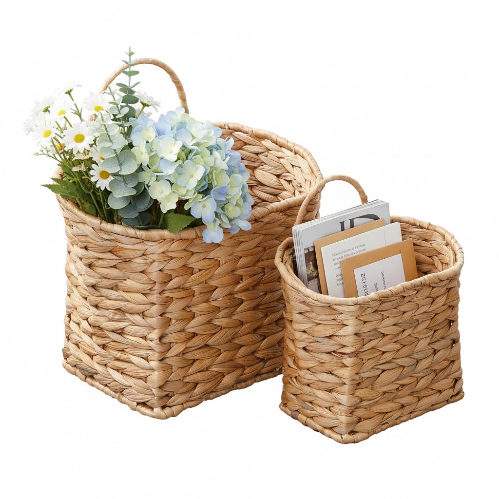 Coeusy front view of two hanging baskets showing rustic storage benefits