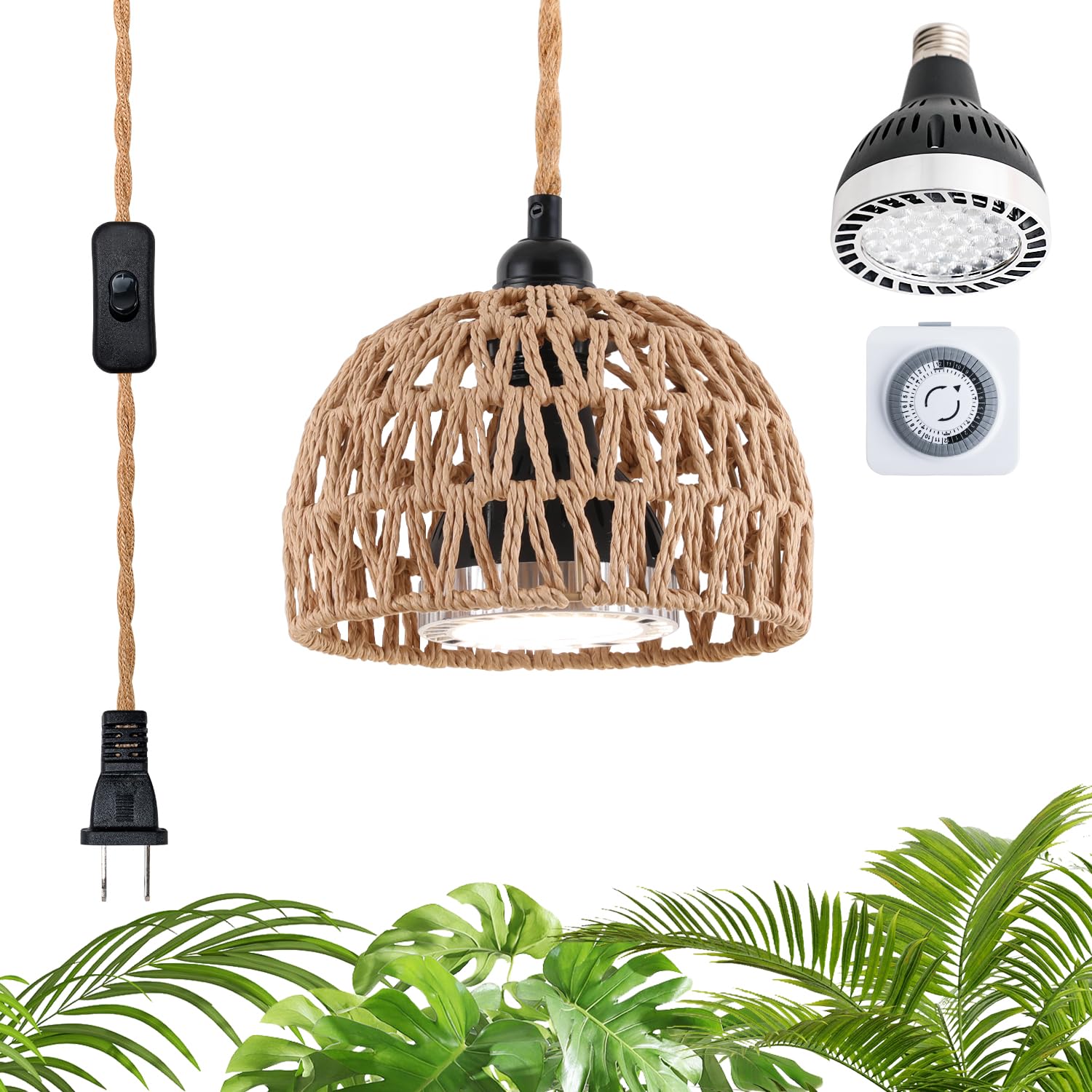 Cofiveevo pendant front view showing rattan lamp and plant benefit