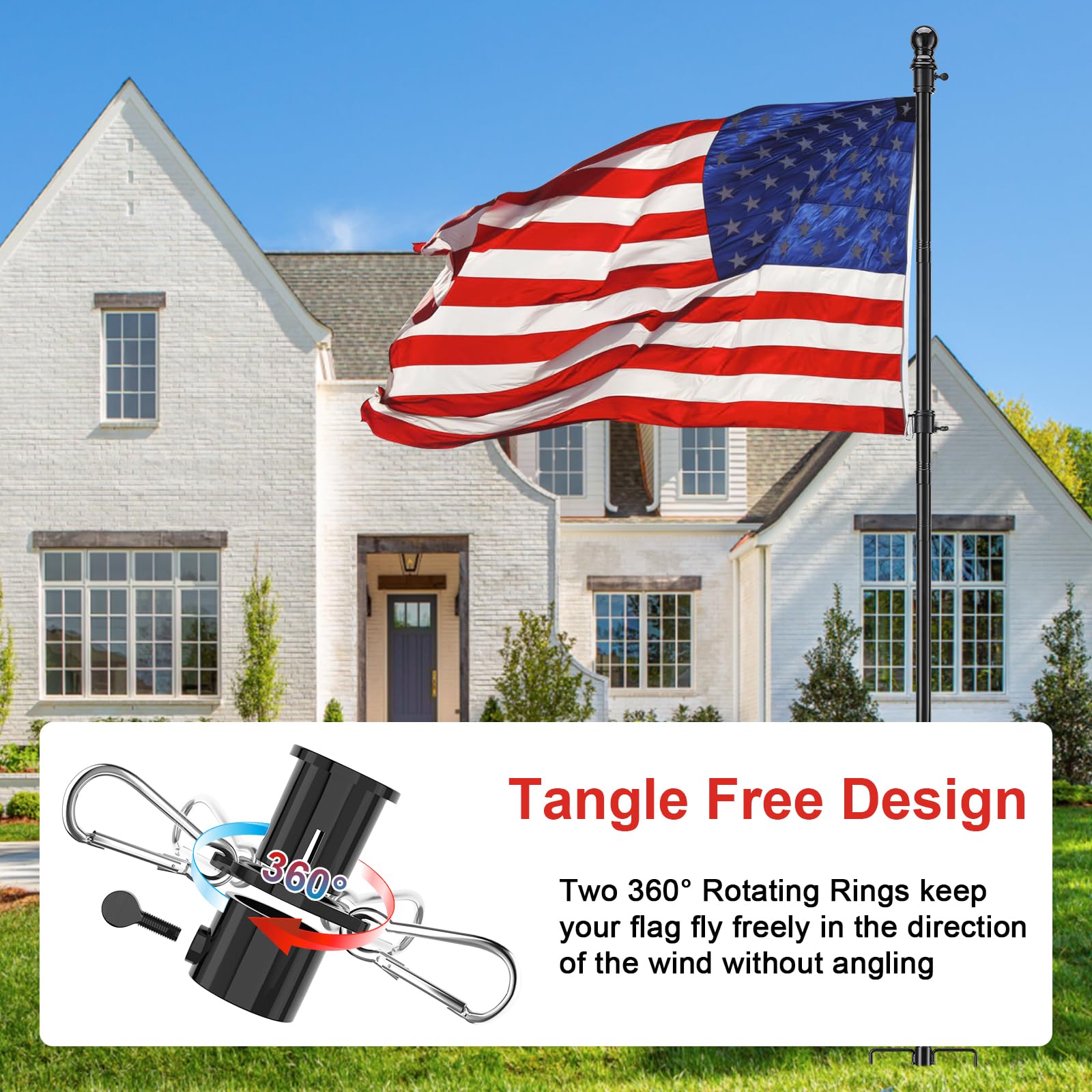 cogardenshower rotating anti-wrap rings showing tangle-free flag movement