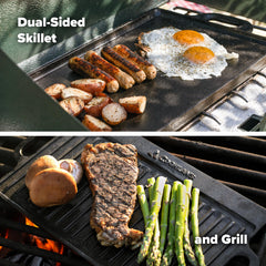 Coghlan's ridged grill close-up showing sear lines for steaks and vegetables