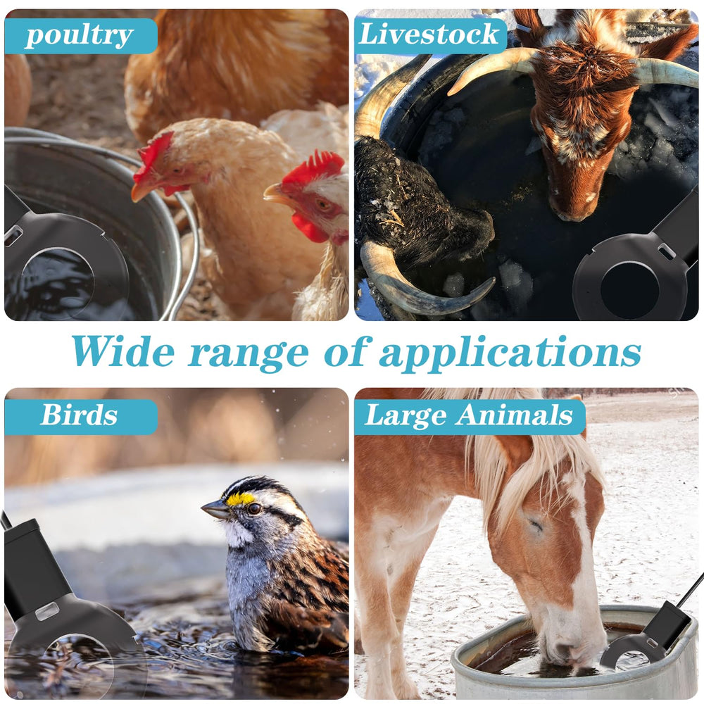 COICOTTC de-icer installed in a chicken waterer ensuring thawed drinking water for poultry