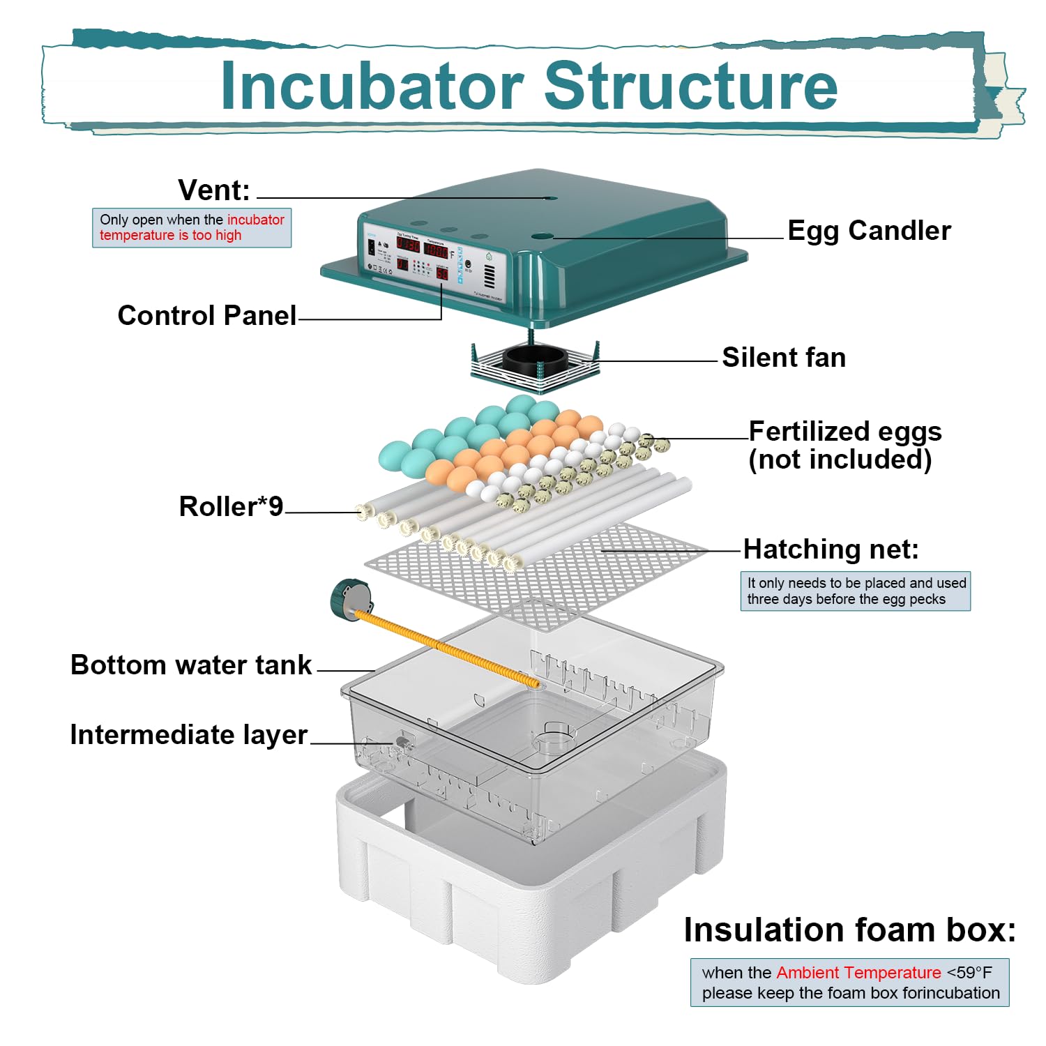 CoInceptus incubator in use with mixed poultry eggs demonstrating multi-species capability