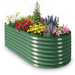 Colaeynoe front view of oval raised bed showing compact garden space and durability