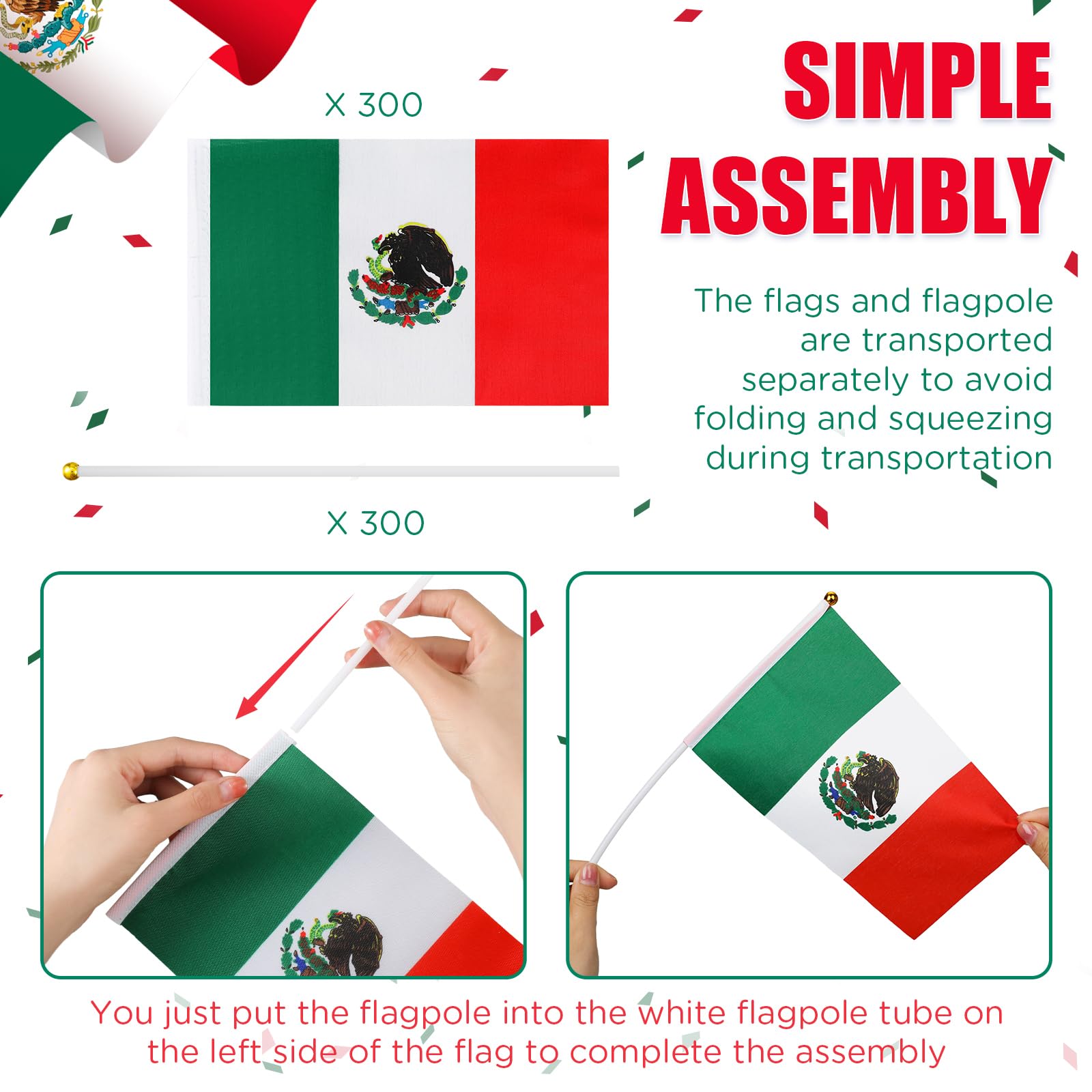 Colarr assembled small Mexico flag on stick ready to wave for easy use