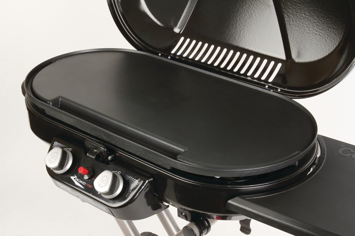 Coleman griddle close-up of nonstick surface and grease channel for easy cleanup
