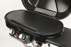 Coleman griddle close-up of nonstick surface and grease channel for easy cleanup