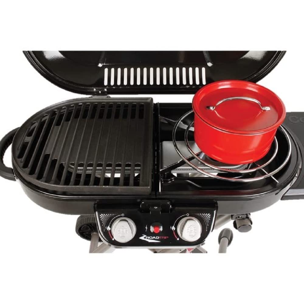 Coleman grate next to a 12-inch pan showing scale and packing convenience benefit