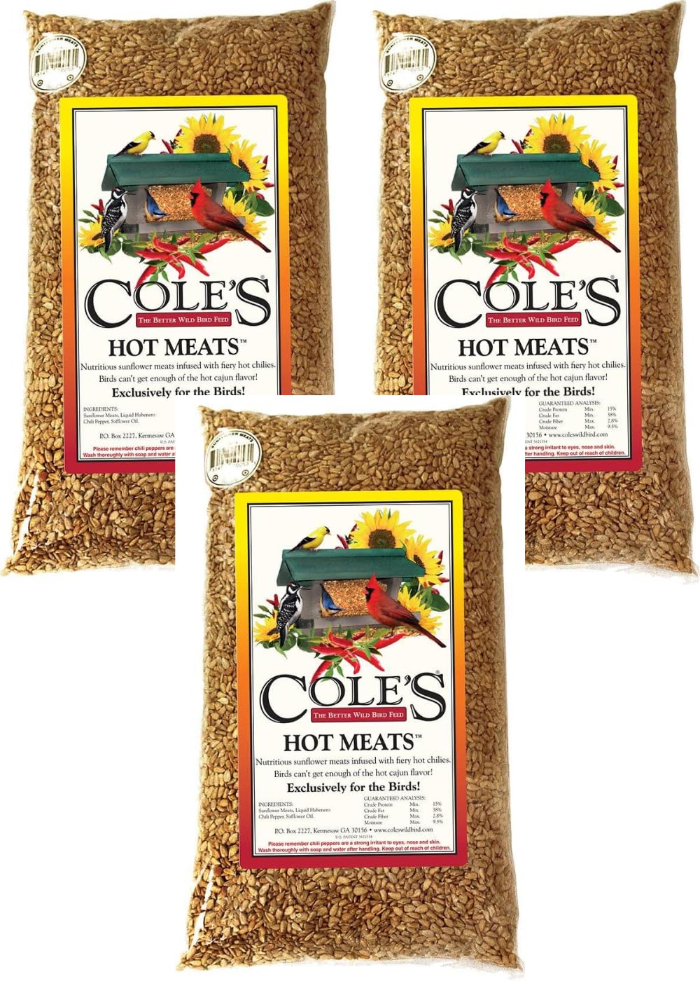 COLE'S Hot Meats front packaging showing 5 lb bag and spicy sunflower benefit