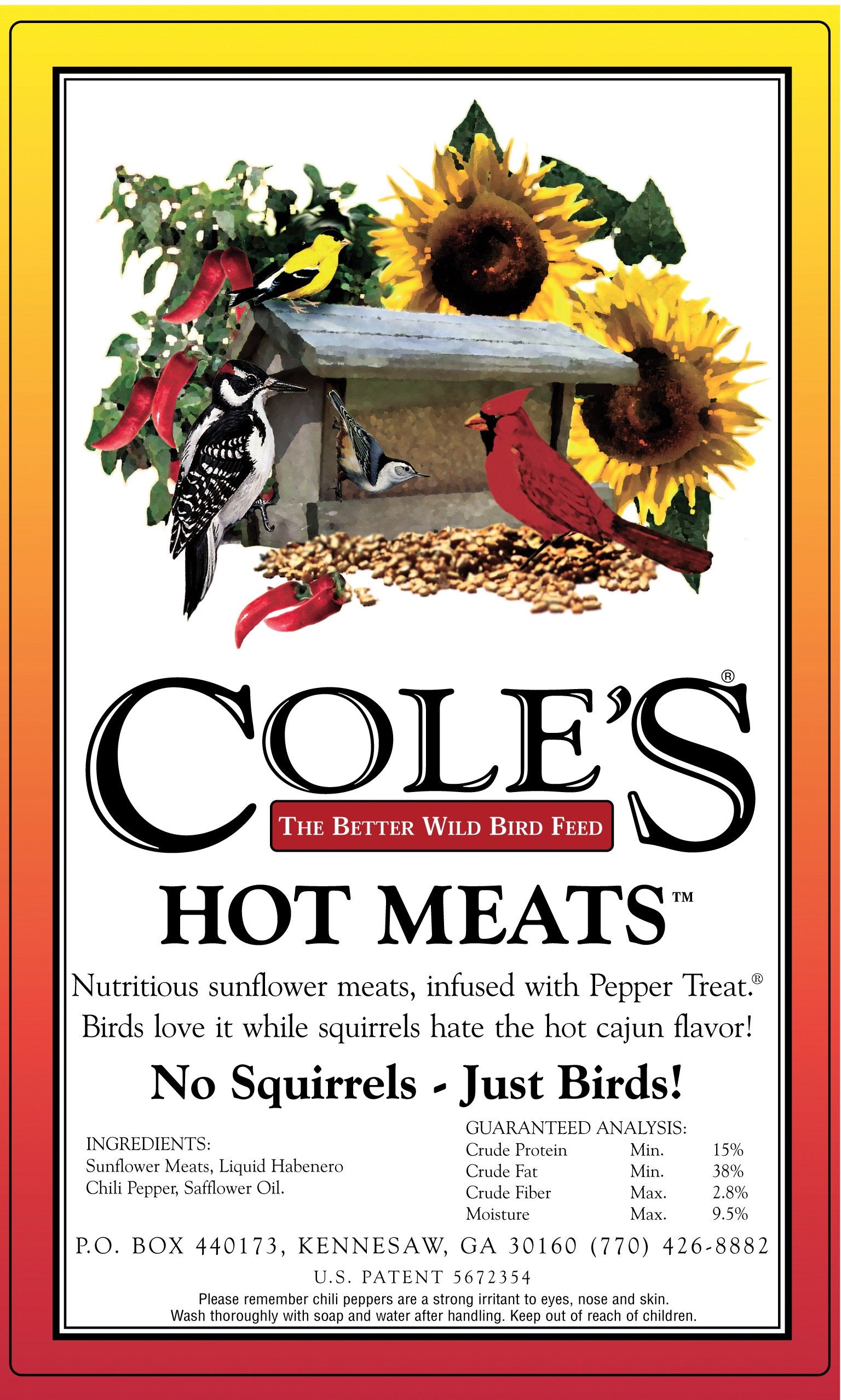 COLE'S THE BETTER WILD BIRD FEED poured into a mesh feeder attracting birds, reduces waste