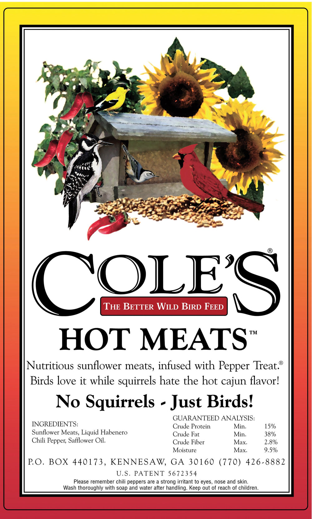 COLE'S THE BETTER WILD BIRD FEED poured into a mesh feeder attracting birds, reduces waste