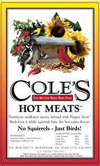 COLE'S THE BETTER WILD BIRD FEED poured into a mesh feeder attracting birds, reduces waste