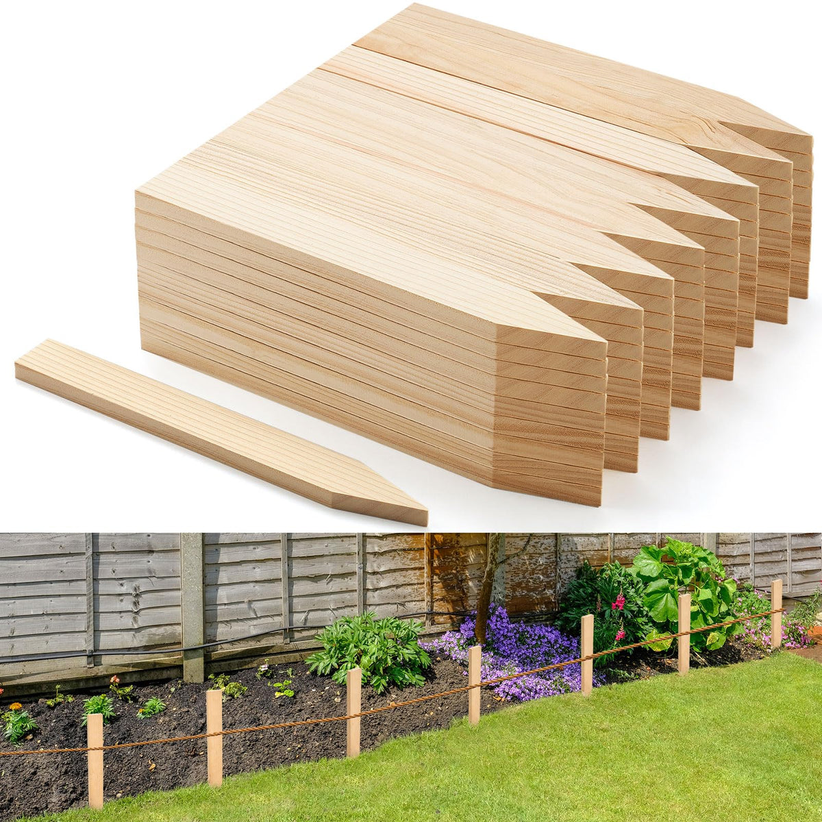 Colingmill front view of 48 wooden stakes showing neat bundle and count benefit