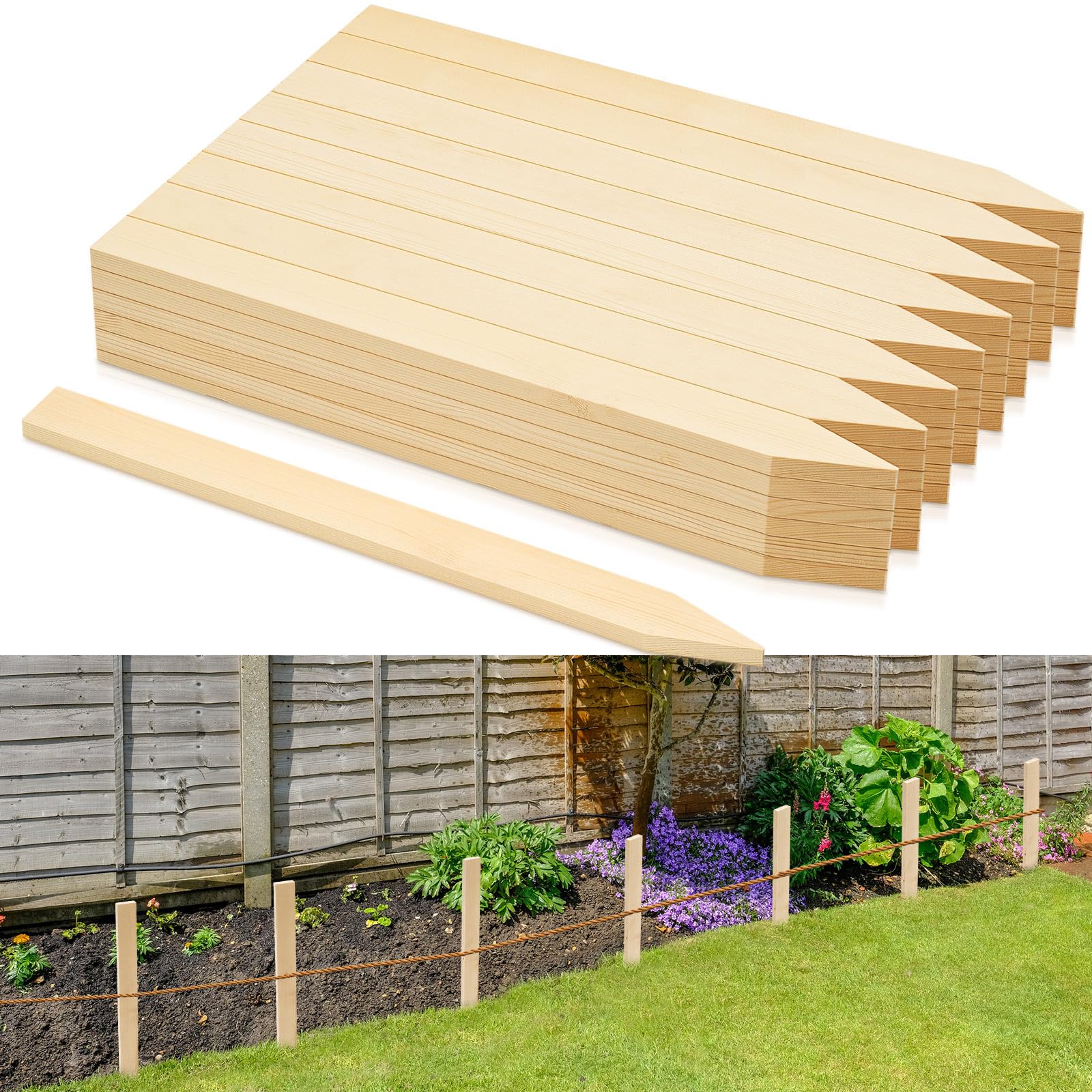 Colingmill front view of 20 wooden stakes showing packed set and ready-to-use benefit