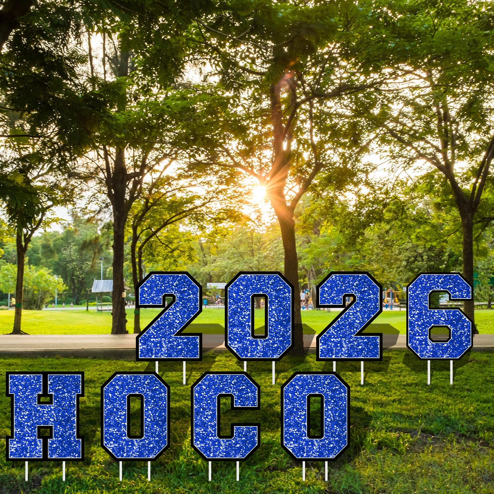 Colingmill front view of blue HOCO 2026 sign showing clear wording and bright color for visibility