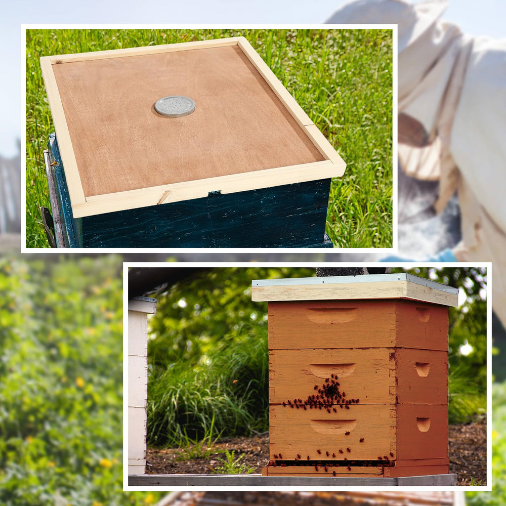 Colingmill inner cover with jar feeder in use providing controlled in-hive syrup access