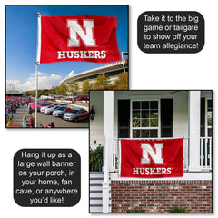 College Flags & Banners Co. reverse-side print visible, keeps logo legible both sides