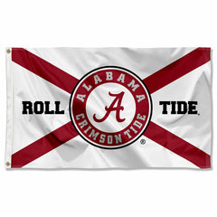 College Flags & Banners Co. front view showing Crimson Tide flag and bold state graphic, boosts team visibility