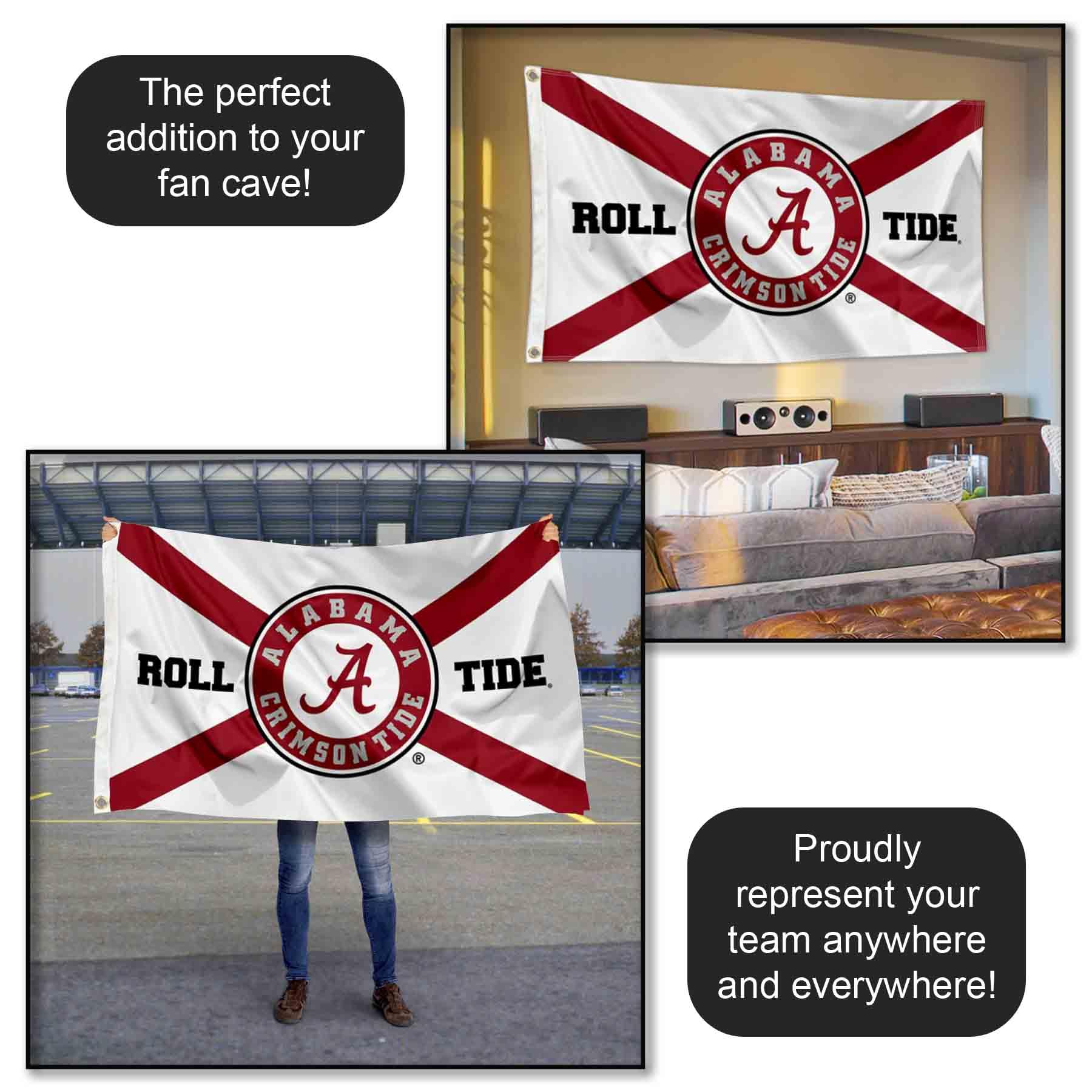 College Flags & Banners Co. Crimson Tide banner mounted on wall, perfect for indoor or porch display