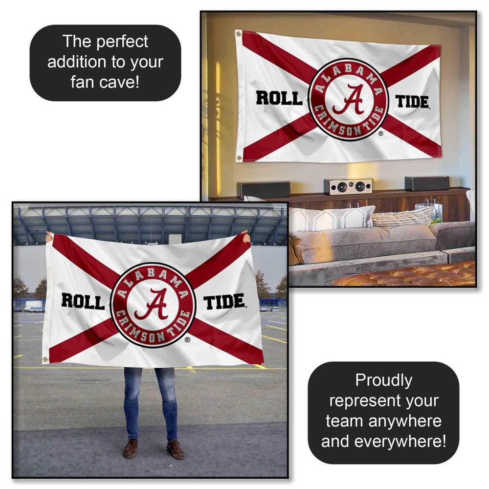 College Flags & Banners Co. Crimson Tide banner mounted on wall, perfect for indoor or porch display