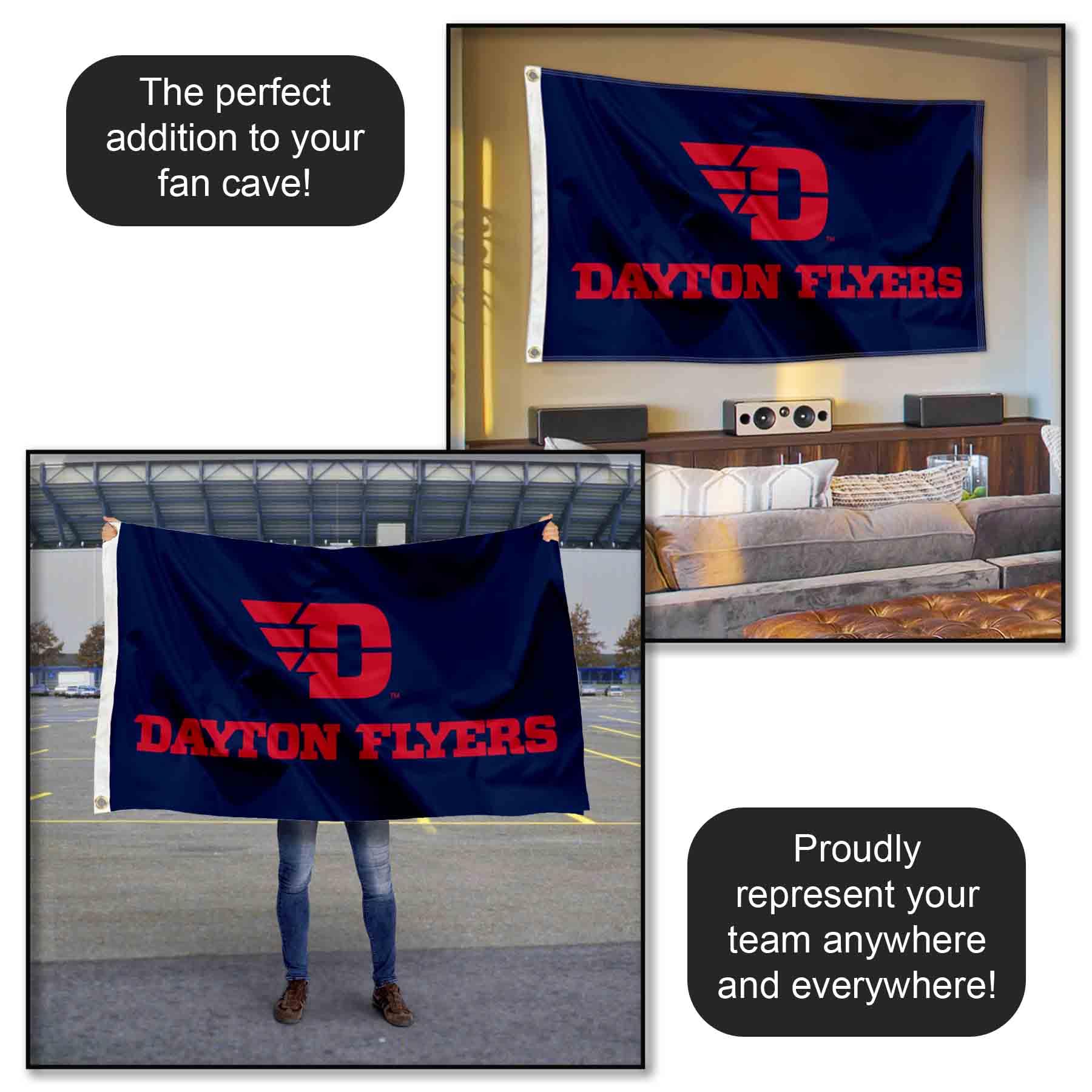 College Flags & Banners Co. Dayton Flyers flag hung on wall in dorm for team decor