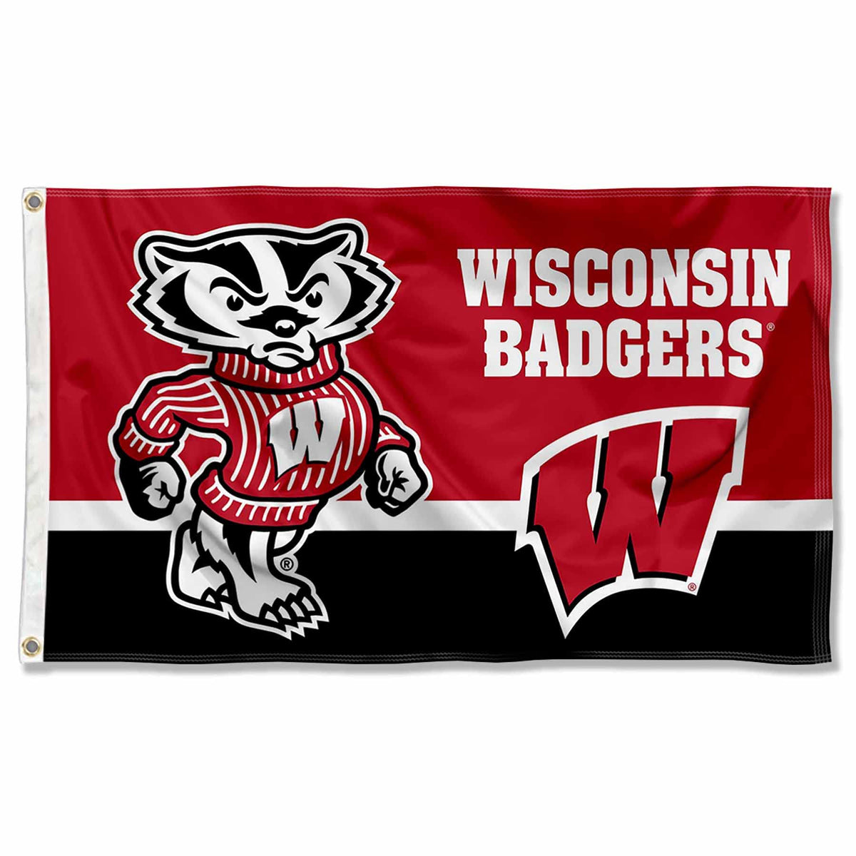 College Flags & Banners Co. Wisconsin Badgers front view showing bold team logo and colors