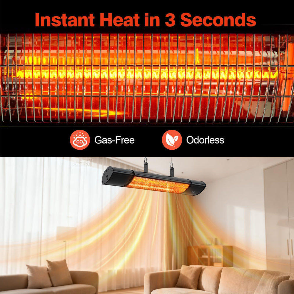 Colliford ceiling-mounted heater angled over table, demonstrates flexible positioning benefit
