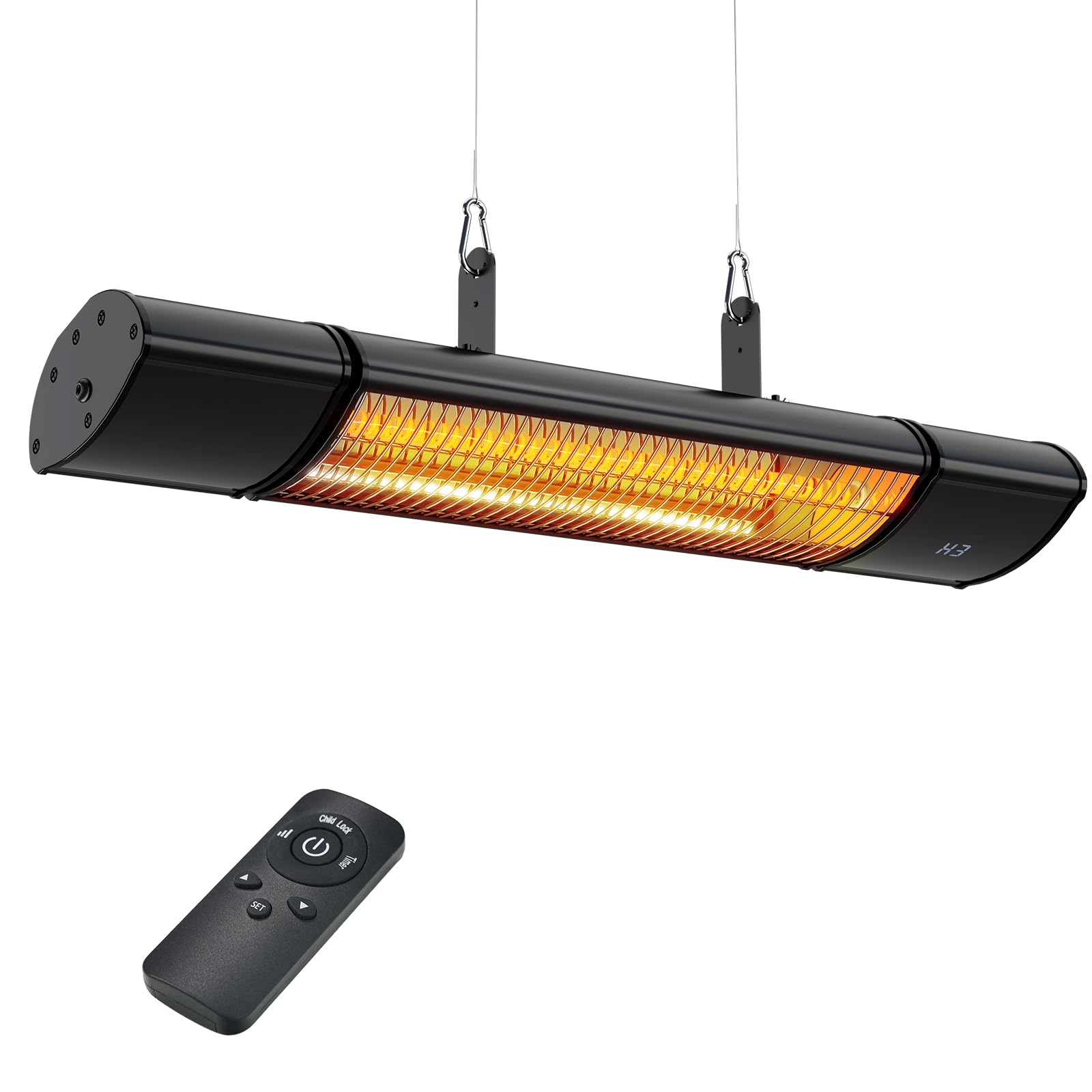 Colliford front view of heater showing sleek housing and reflector, highlights efficient design