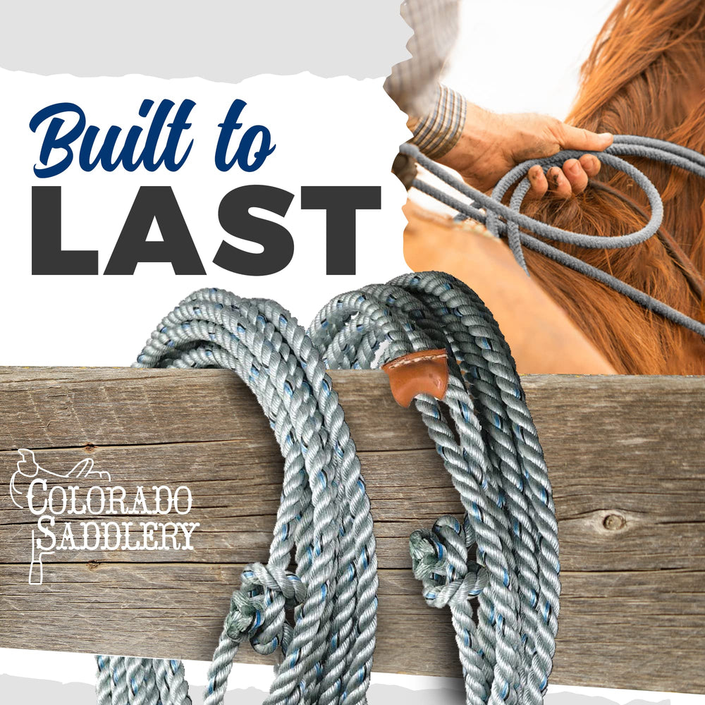 Colorado Saddlery rope beside ruler showing 30 foot length and 7/16 inch diameter for sizing clarity