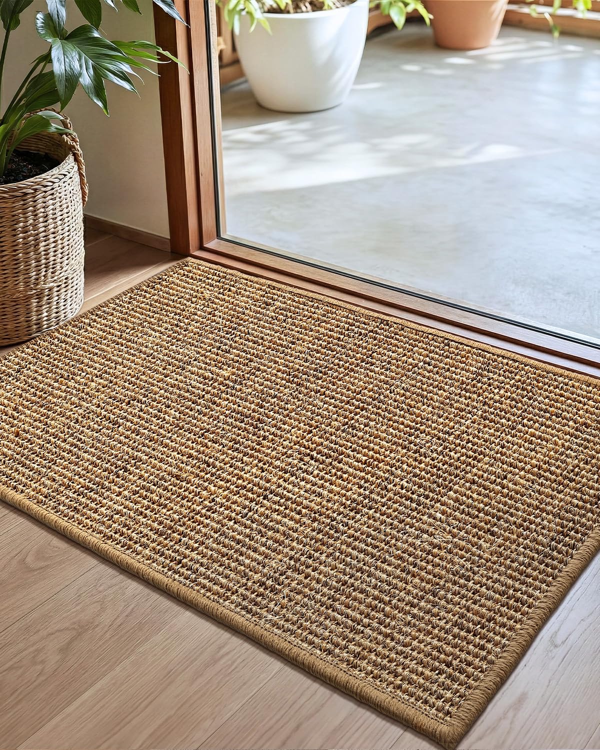 Color&Geometry jute rug front view showing natural sisal brown and welcome benefit