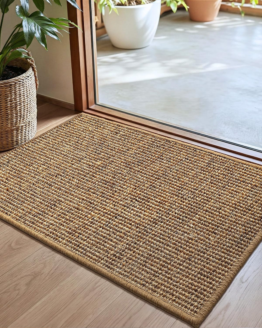 Color&Geometry jute rug front view showing natural sisal brown and welcome benefit