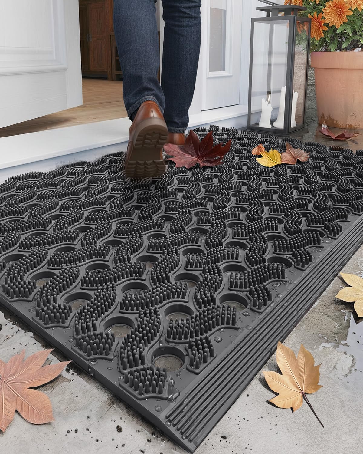 Color&Geometry front view of grey welcome mat showing durable design and curb appeal