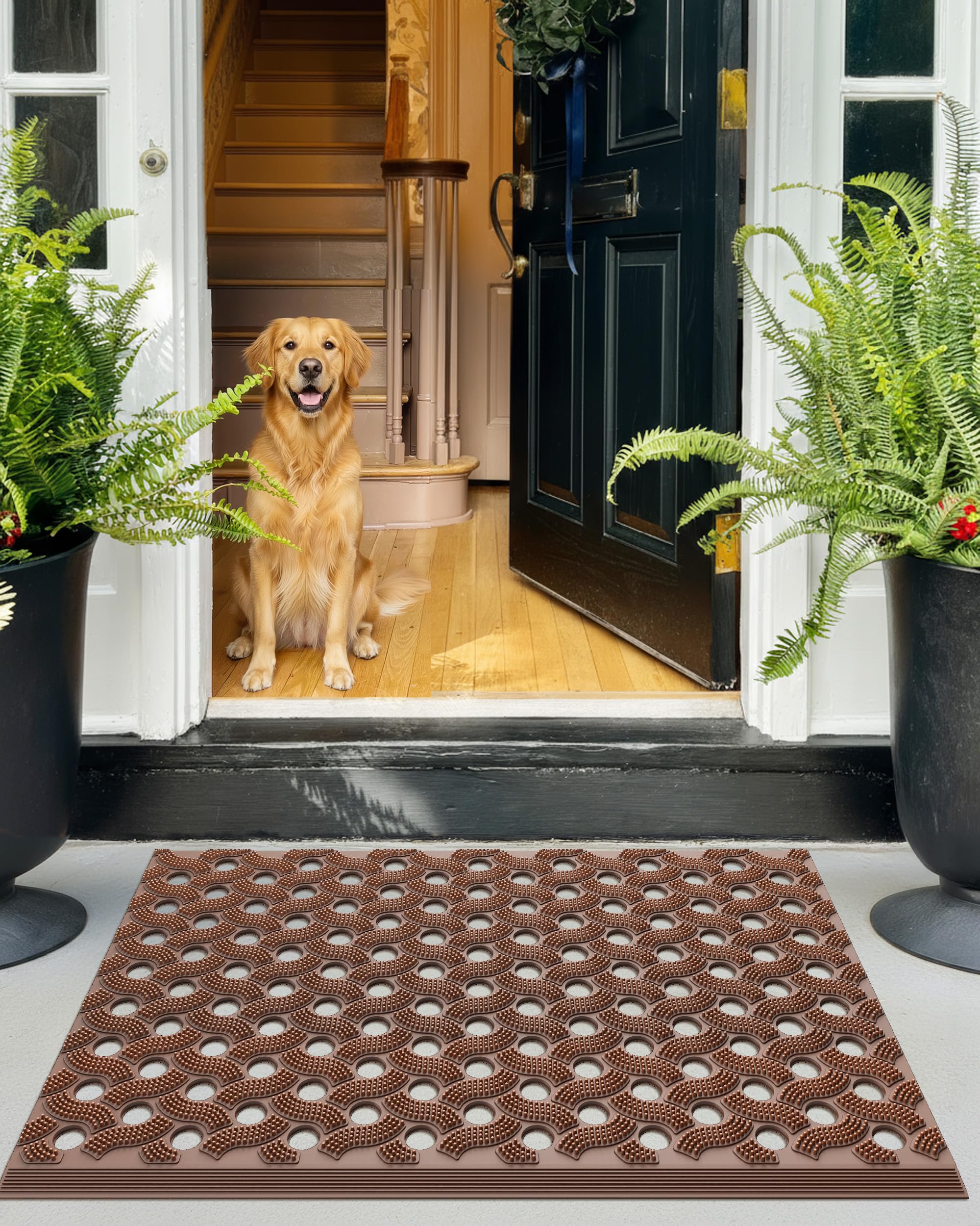 Color&Geometry mat being rinsed with hose showing low-maintenance easy cleaning advantage