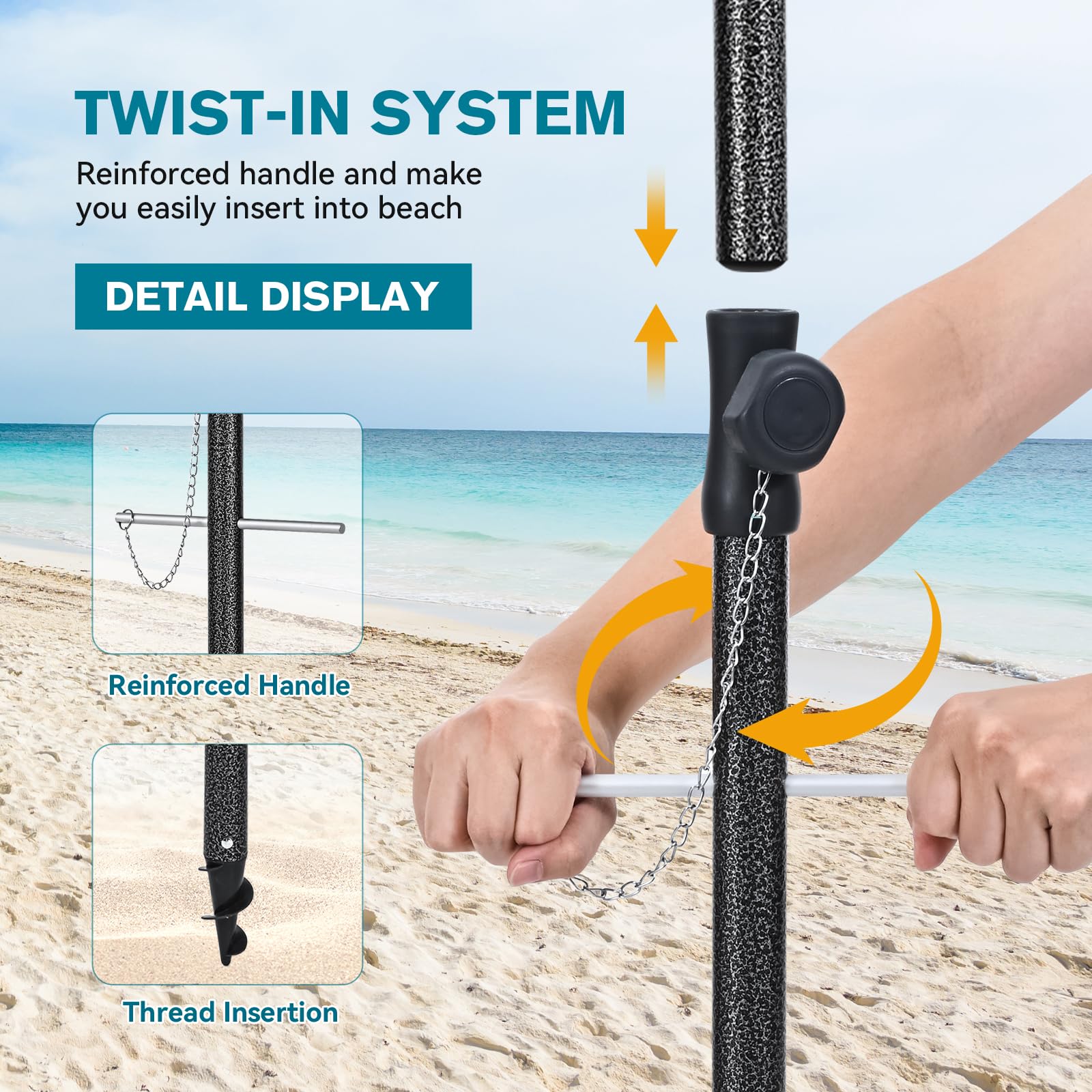 Colossx umbrella in use at beach shading family and chairs for comfort