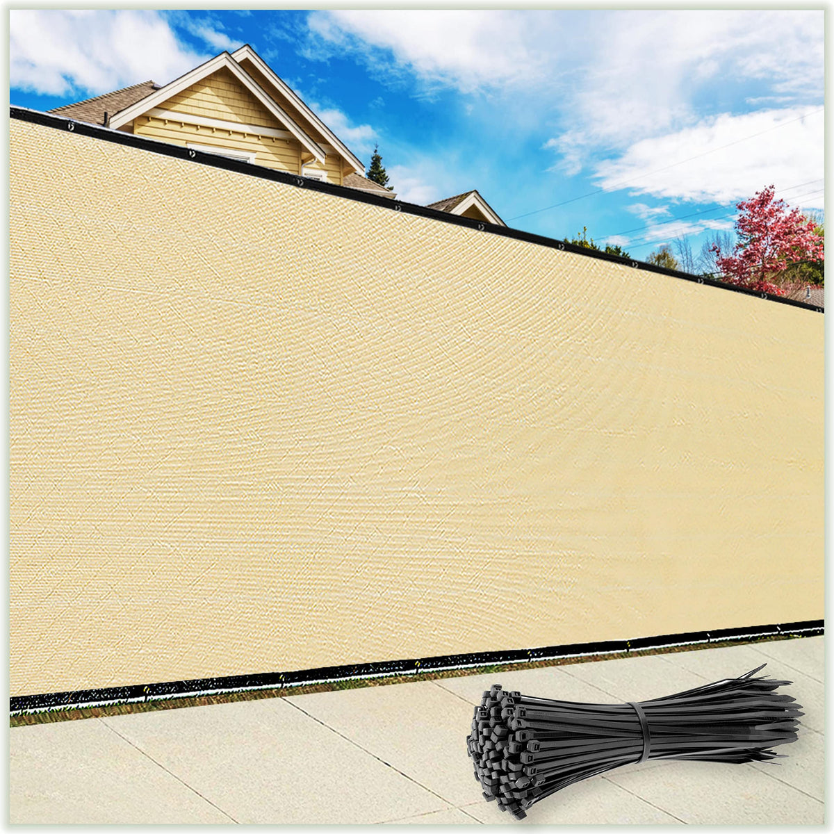 ColourTree front view of beige 6x50 fence screen showing full coverage and privacy benefit