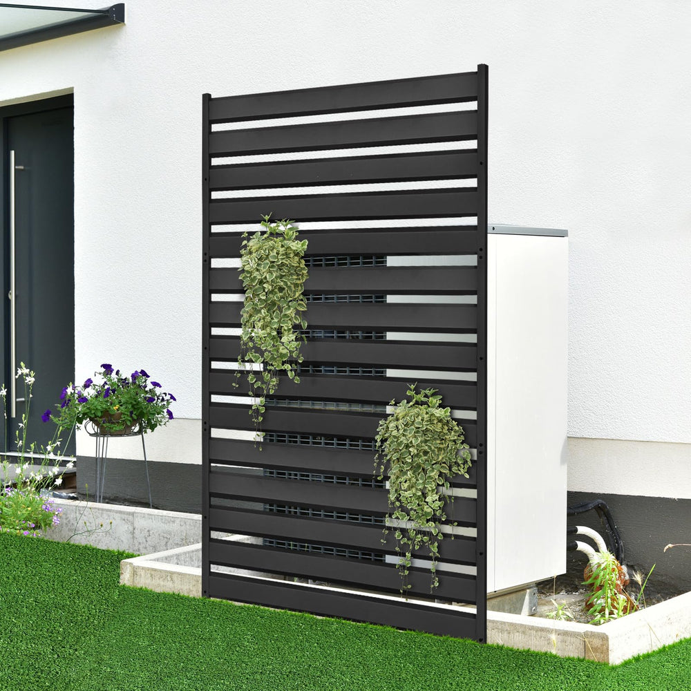 COLRASN front view of black metal privacy fence showing full panel coverage